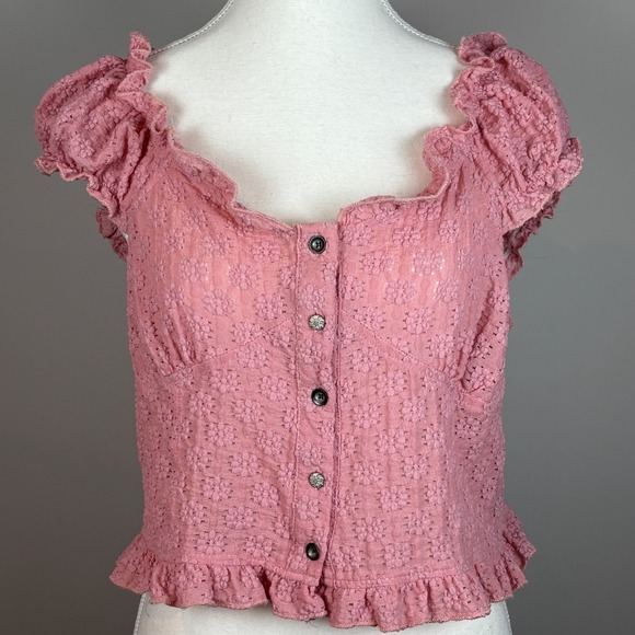 POL Tops - POL Womens Pink‎ Smocked Puff Sleeve Cropped Ruffle Button Top Med Cottagecore